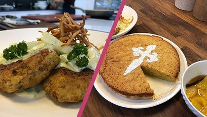 Kalbsbutterschnitzel mit Püree und Mandelkuchen
